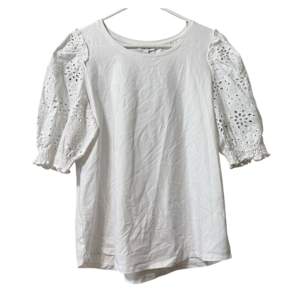 Chico's Lace Sleeve White Blouse Size 2 US Large Peasant Hippie Bohemian Classic